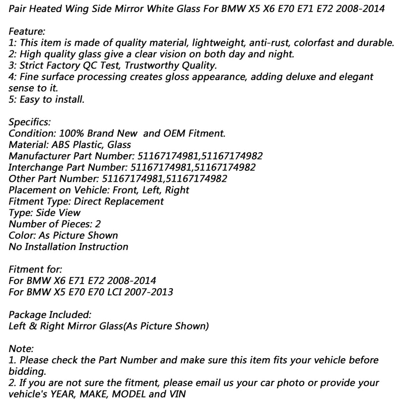 زوج مرآة جانبية ساخنة للجناح زجاج أبيض لسيارة BMW X5 X6 E70 E71 E72 2008-2014 Generic