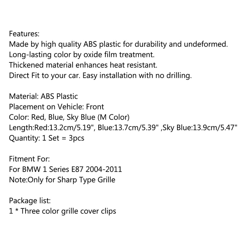 3 قطعة شبكة الكلى M Tech غطاء ثلاثي الألوان مقاطع شريطية لـ 2004-2011 BMW E87 Generic
