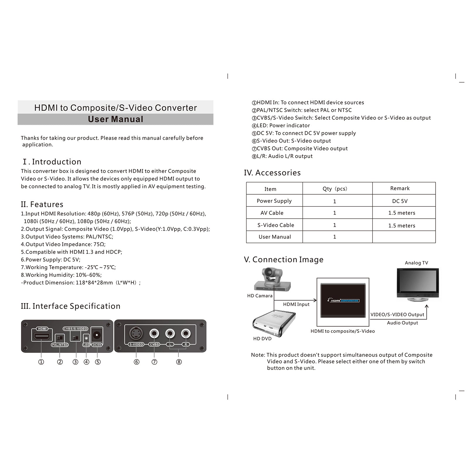 HDMI to 3 RCA AV+S-Video CVBS Composite R/L Audio 1080P Converter US Plug Power