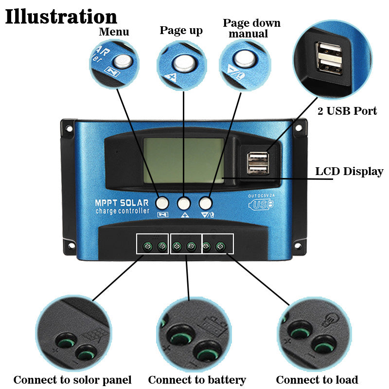 Controlador de carga del regulador del panel solar MPPT 30/40/50/60/100A 12V/24V Seguimiento de enfoque automático 