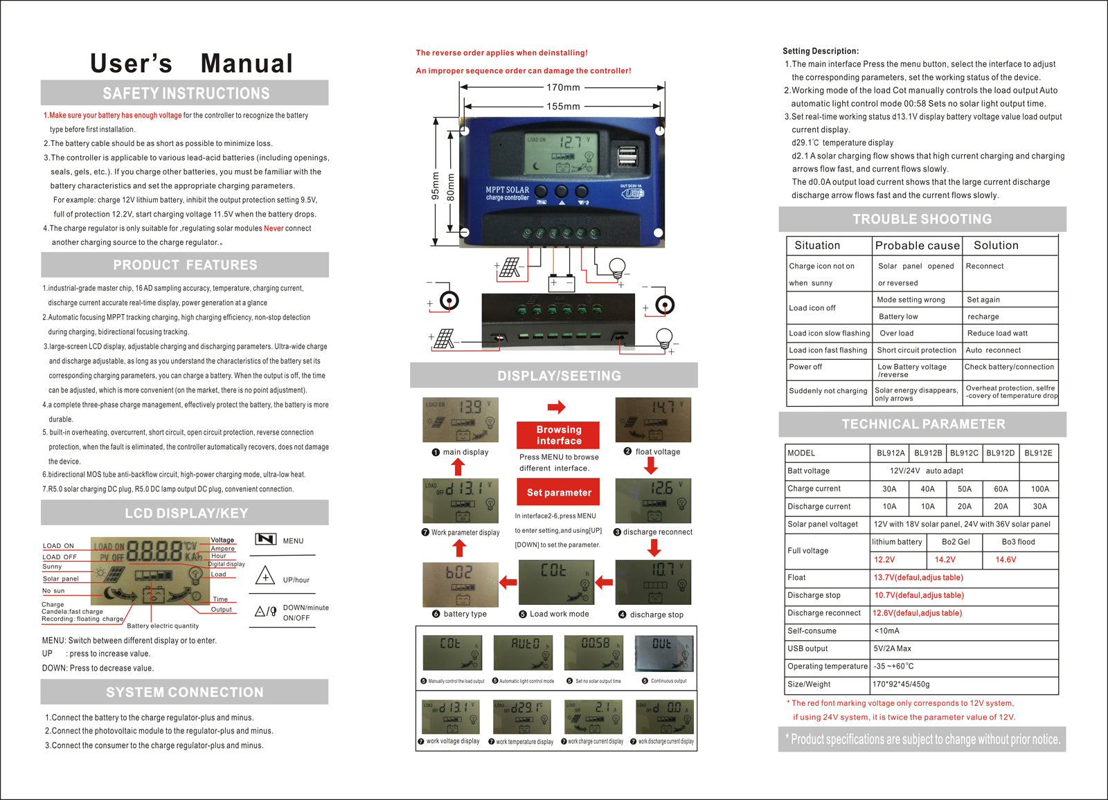 Controlador de carga del regulador del panel solar MPPT 30/40/50/60/100A 12V/24V Seguimiento de enfoque automático 