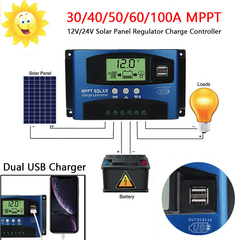 30/40/50/60/100A MPPT Solar Panel Regulator Charge Controller 12V/24V Auto Focus Tracking