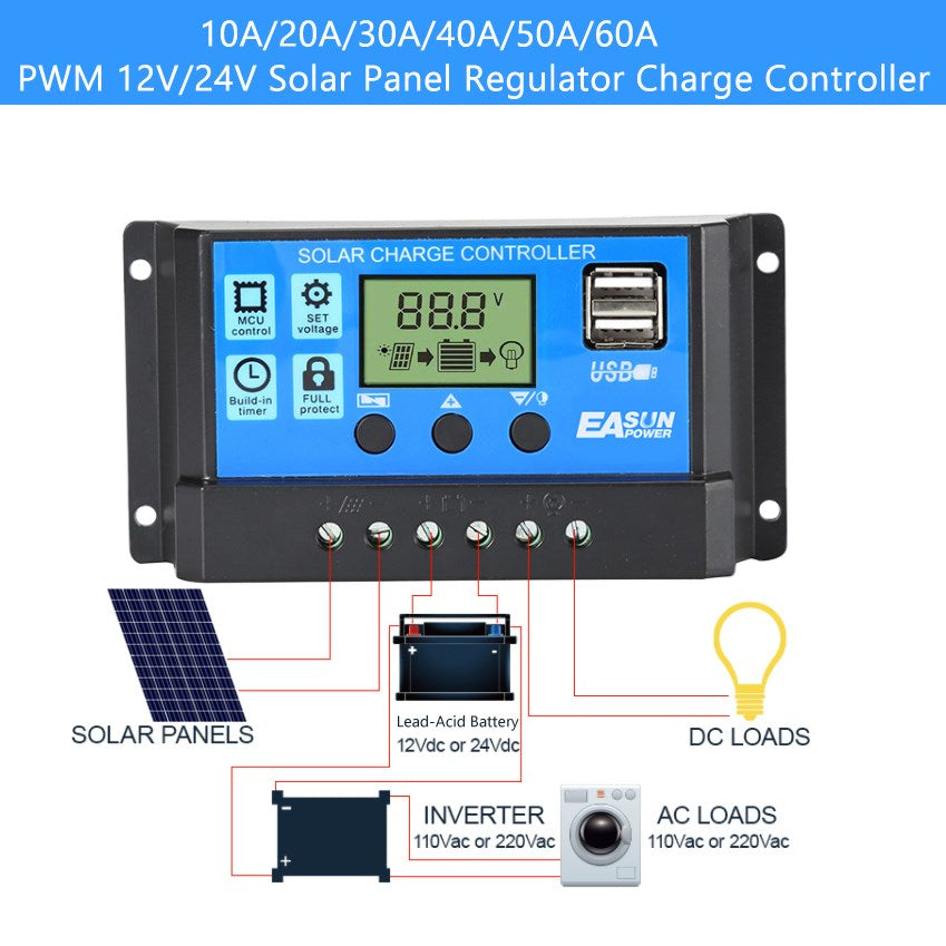 وحدة تحكم PWM Solar 10-60A 12/24V لوحة تتبع التركيز التلقائي منظم الشحن