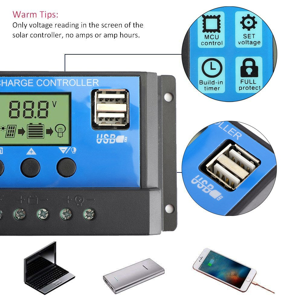 وحدة تحكم PWM Solar 10-60A 12/24V لوحة تتبع التركيز التلقائي منظم الشحن