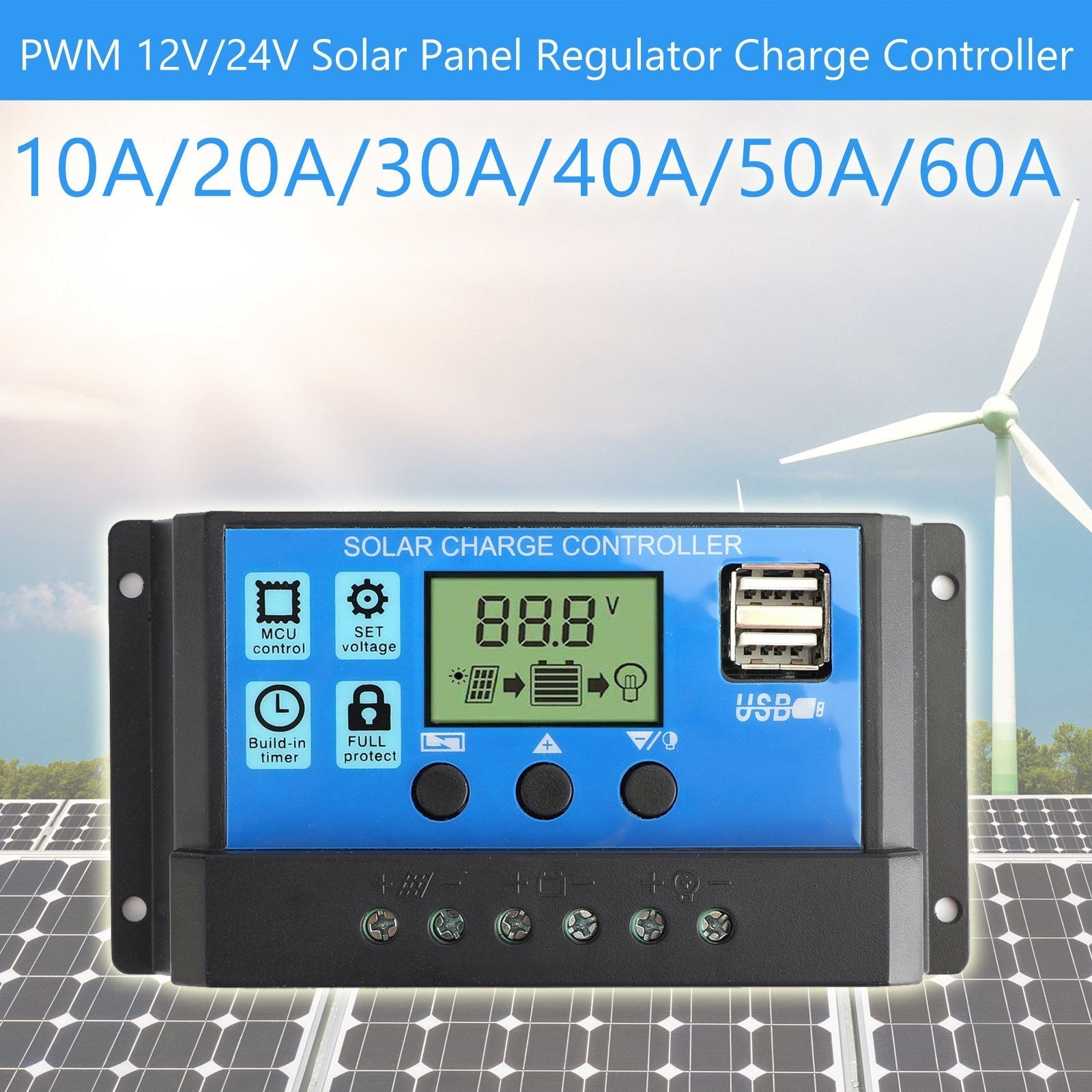 Controller PWM Solar 10-60A 12V24V36V48V60V Auto Focus Tracking Panel Regulator Charge