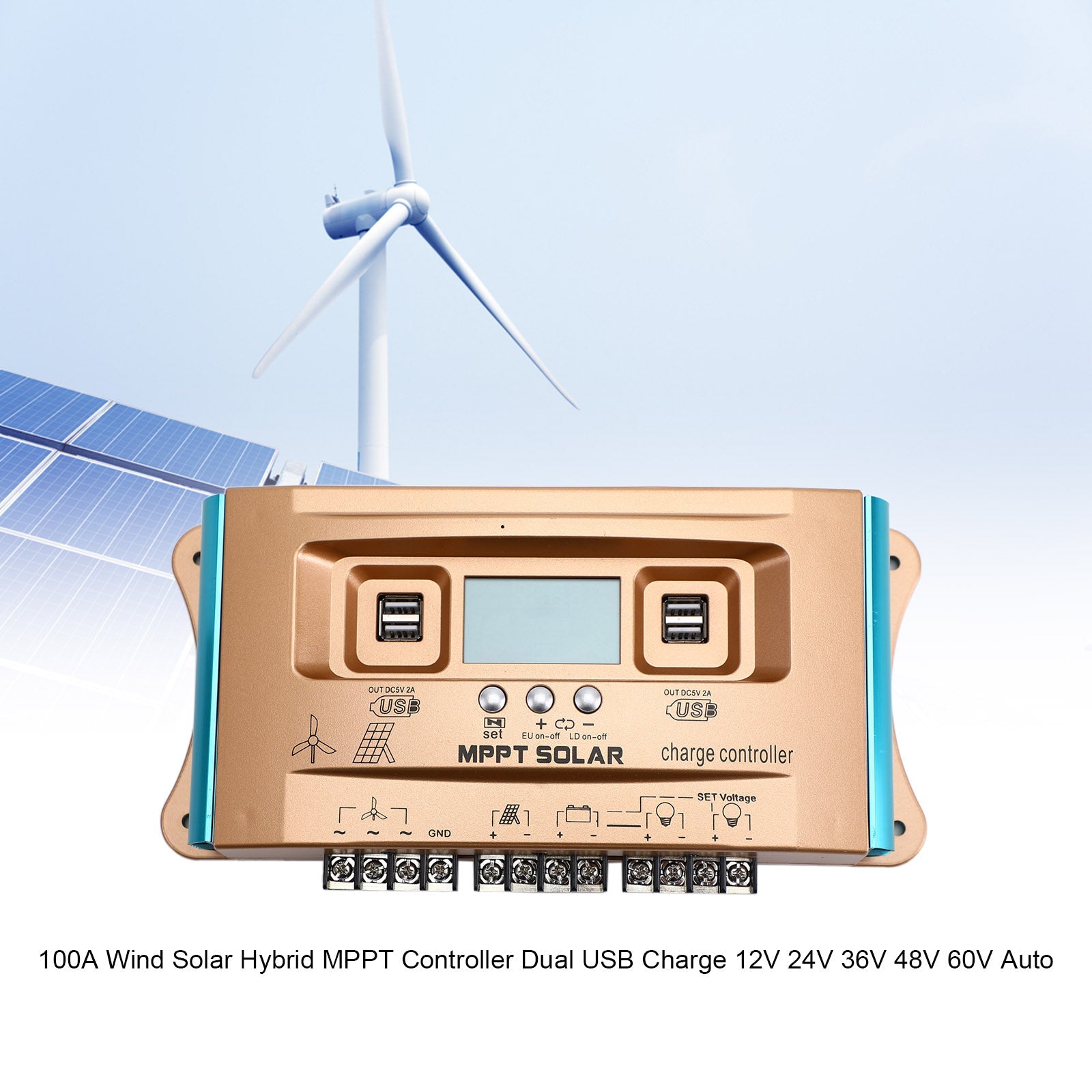 100A Wind Solar Hybrid Charge MPPT Controller Dual USB Charge 12V 24V 36V 48V 60V Auto