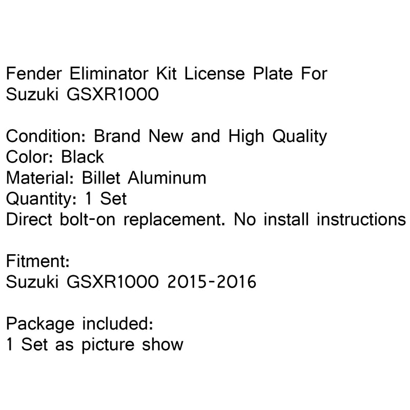 Kit de eliminador de guardabarros marco de matrícula para Suzuki GSXR 1000 2009-2010 negro genérico