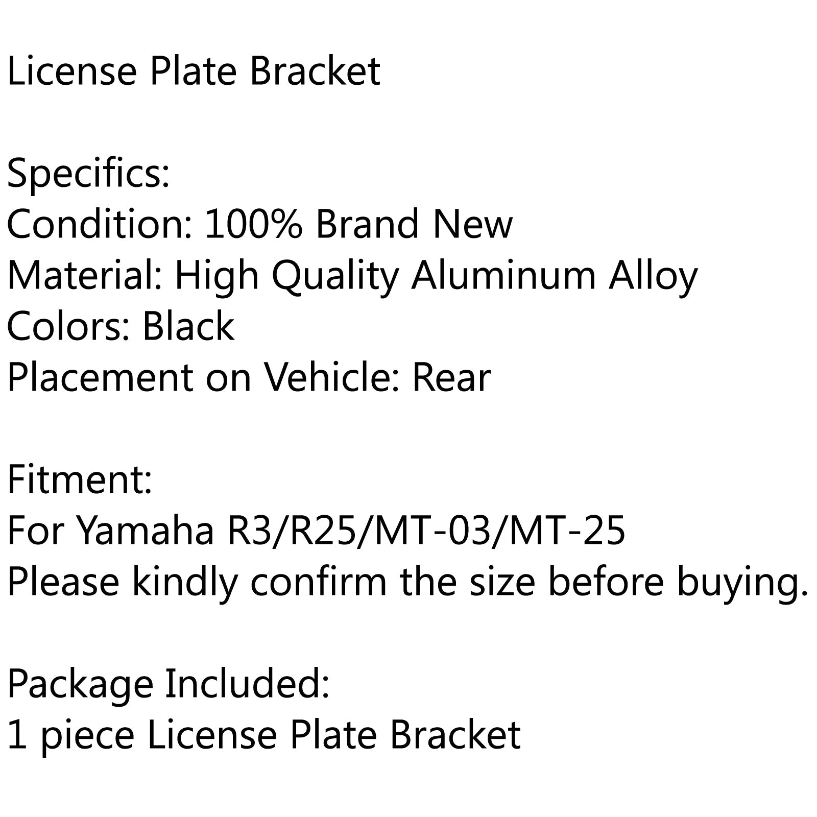 Soporte de matrícula negro de aluminio para motocicleta Yamaha R3/R25/MT-03/MT-25 genérico