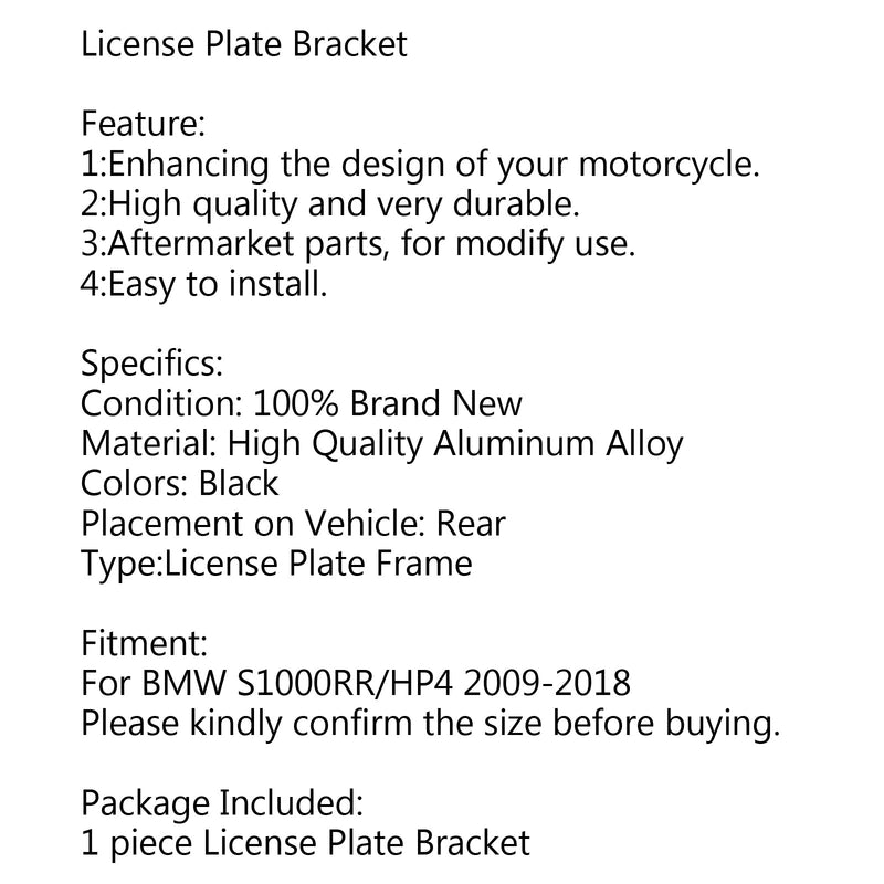 CNC License Plate Bracket Number Holder Plate LED For BMW S1000RR HP4 2009-2018 Generic
