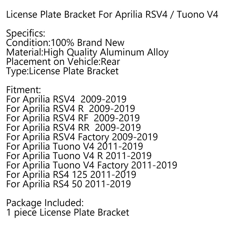 License Plate Bracket Holder For Aprilia RSV4/R/RF 09-19 Tuono V4 RS4 50 11-19 Generic