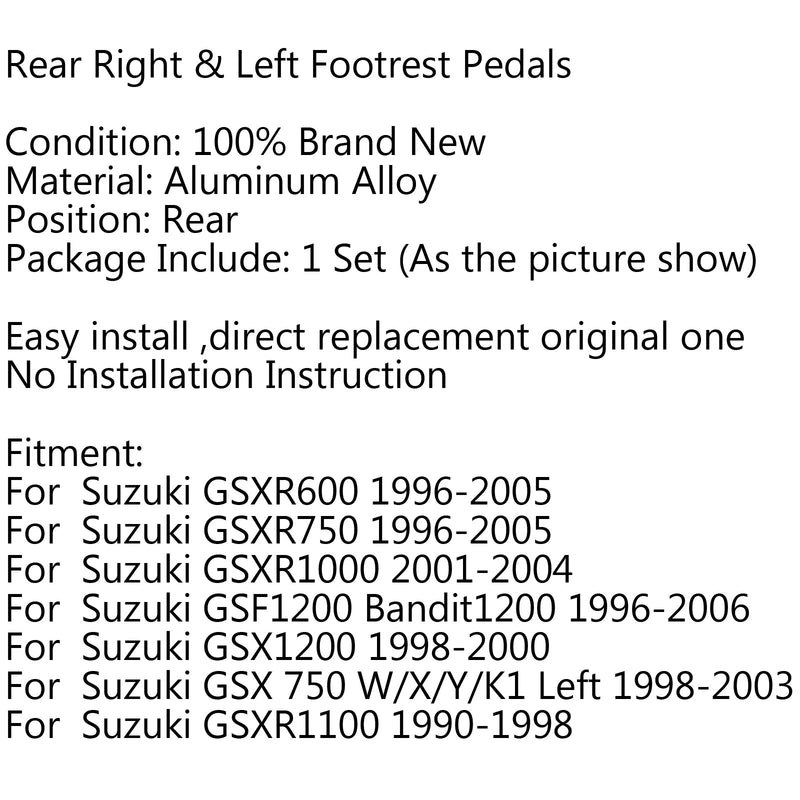 Reposapiés trasero pedales clavijas para Suzuki GSXR600 GSX-R GSX 750 1000 GSF600 genérico