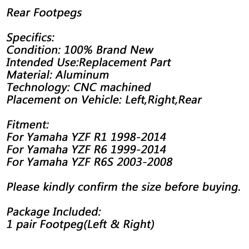 Reposapiés trasero para Yamaha YZF R1 1998-2014 R6 1999-2014 R6S 2003-2008 genérico