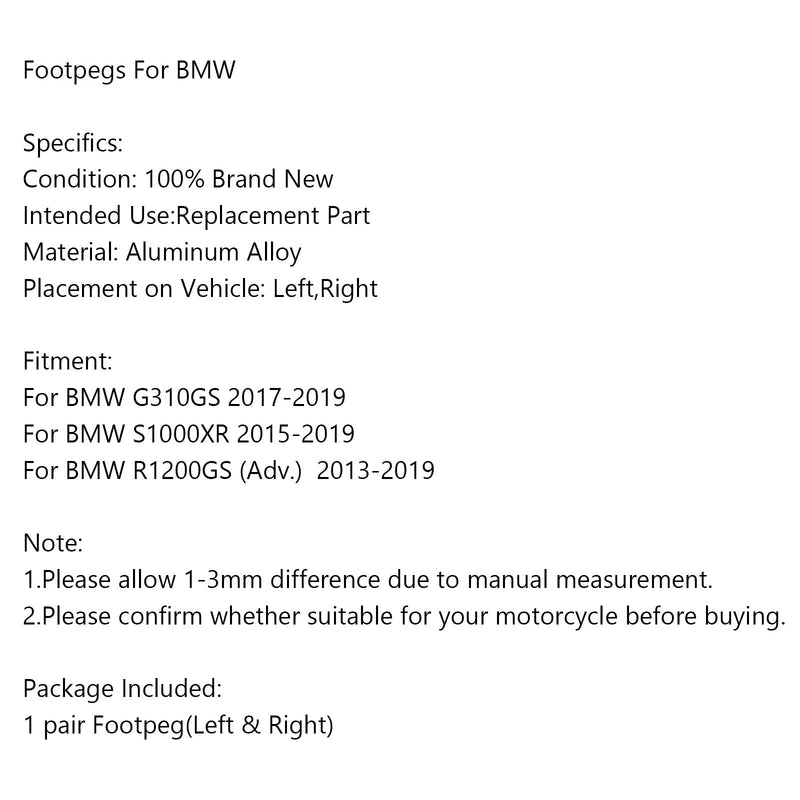 Reposapiés de clavijas CNC para BMW G310GS 17-19 S1000XR 15-19 R1200GS (Adv.) 13-19 Genérico