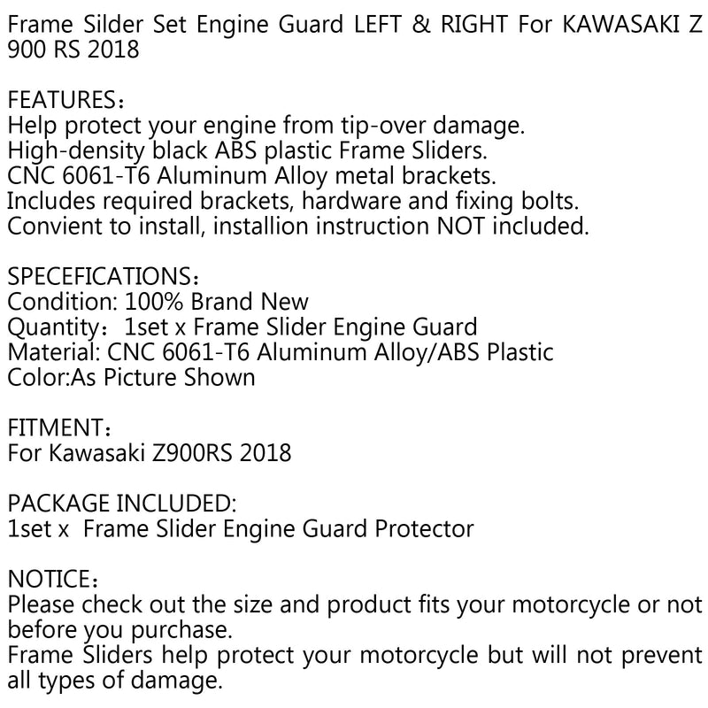 Frame Slider SET Engine Guard Protector IZQUIERDO Y DERECHO Para 2018 Kawasaki Z 900 RS Genérico