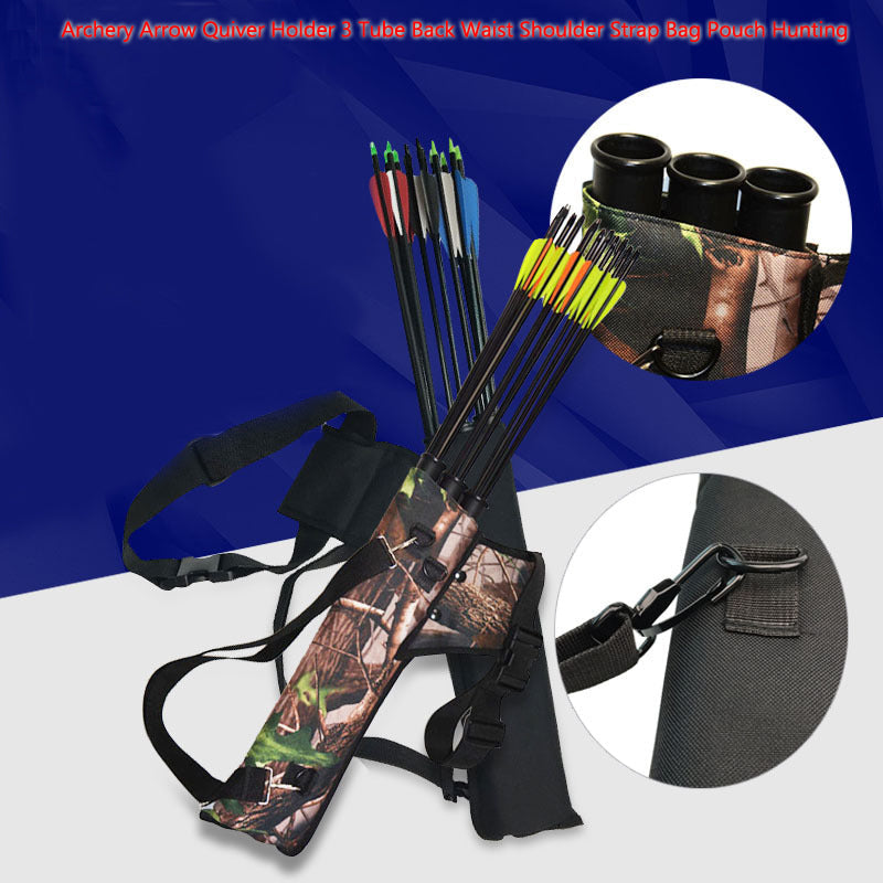 Archery Arrow Quiver Holder 3 Tube Back Waist Shoulder Strap Bag Pouch Hunting
