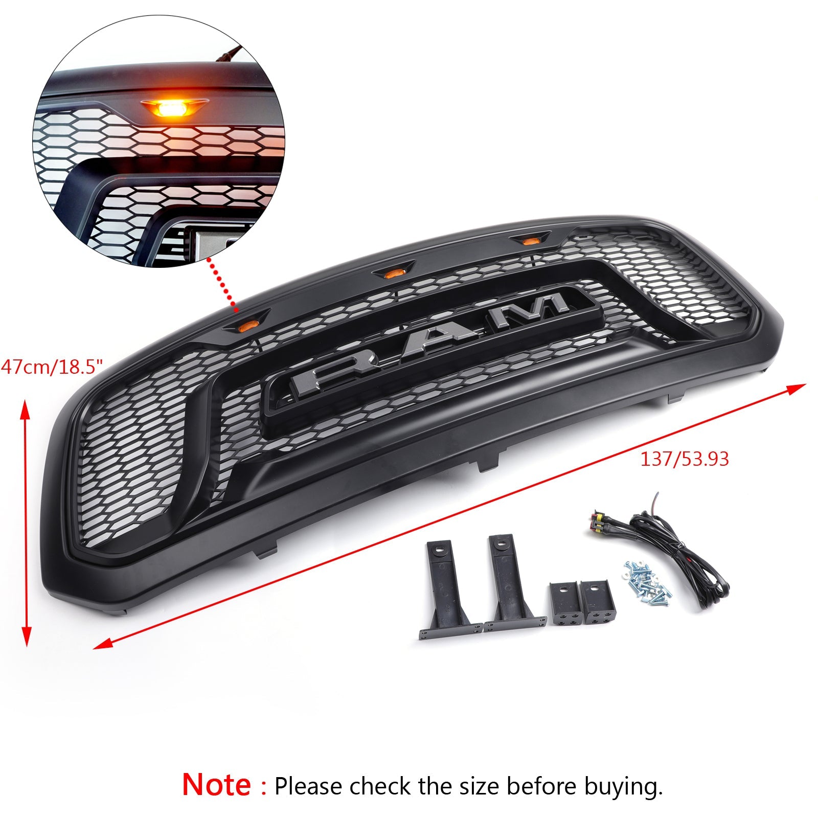 Ram 1500 2013-2018 Grill ABS Honeycomb Bumper Grill Mesh Rebel Style BLK W/Light Generic