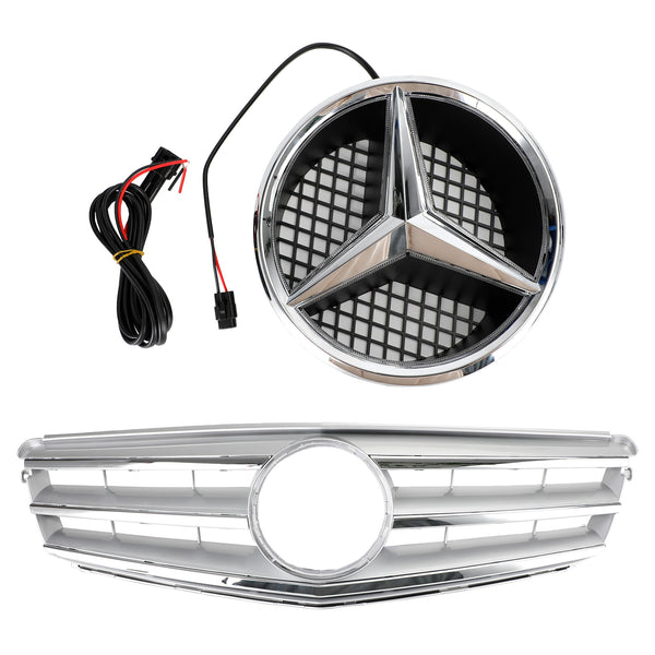 Front Bumper Grille Fit Benz C Class W204 W/LED Emblem C300/C350 2008-2014 Chrome Generic