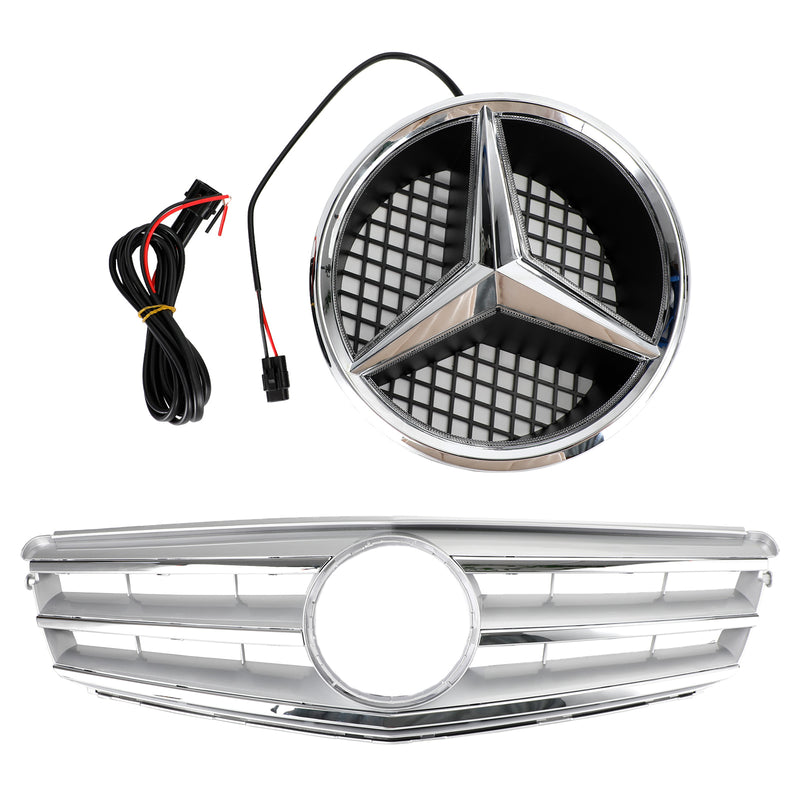 Rejilla de parachoques delantero compatible con Benz Clase C W204 con emblema LED C300/C350 2008-2014 cromado genérico