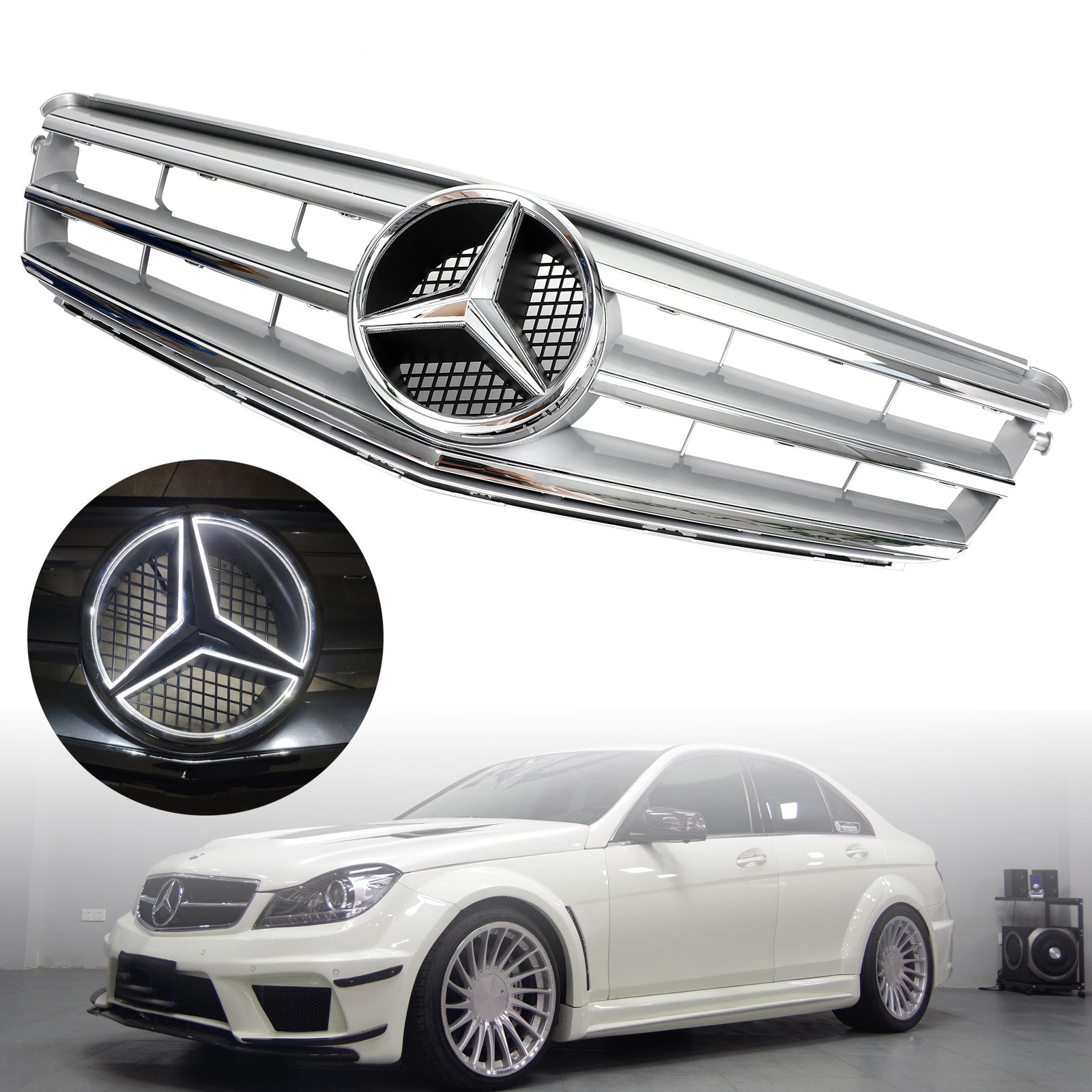 شبكة المصد الأمامي تناسب بنز C Class W204 W/LED Emblem C300/C350 2008-2014 كروم عام 