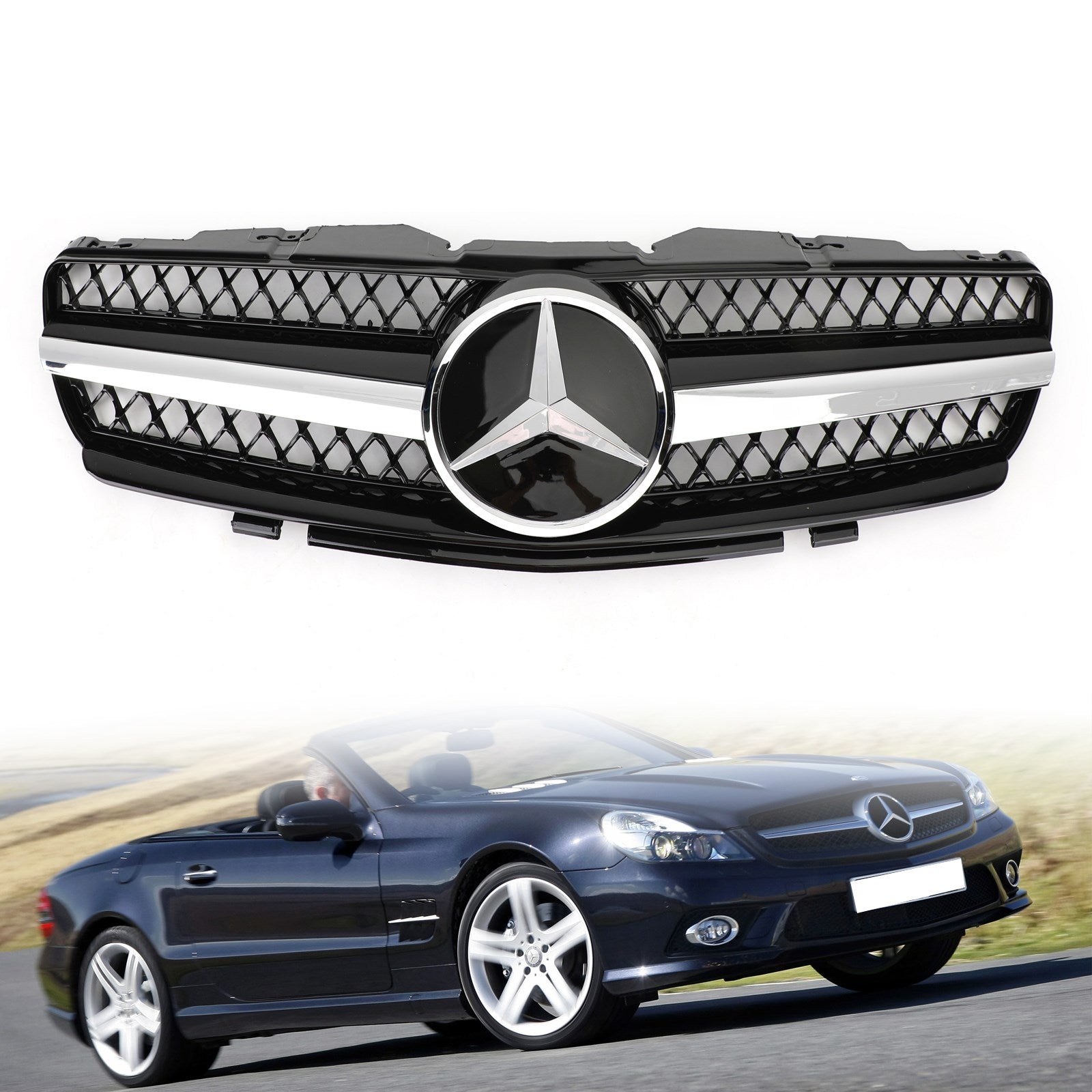 R230 SL500 SL600 2003-2006 Mercedes Grill Replacement Grille black 1 Fin Star