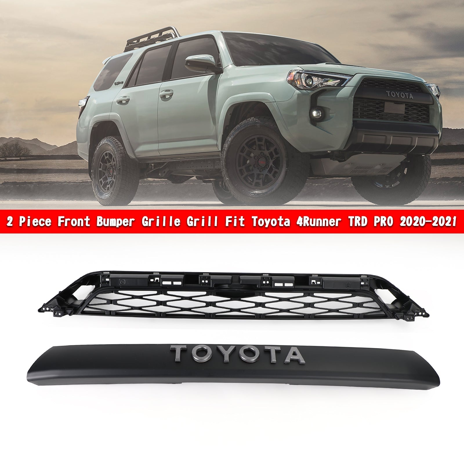 Toyota 4Runner 2020-2024 TRD PRO Black 2 Piece Front Bumper Grille Grill Generic