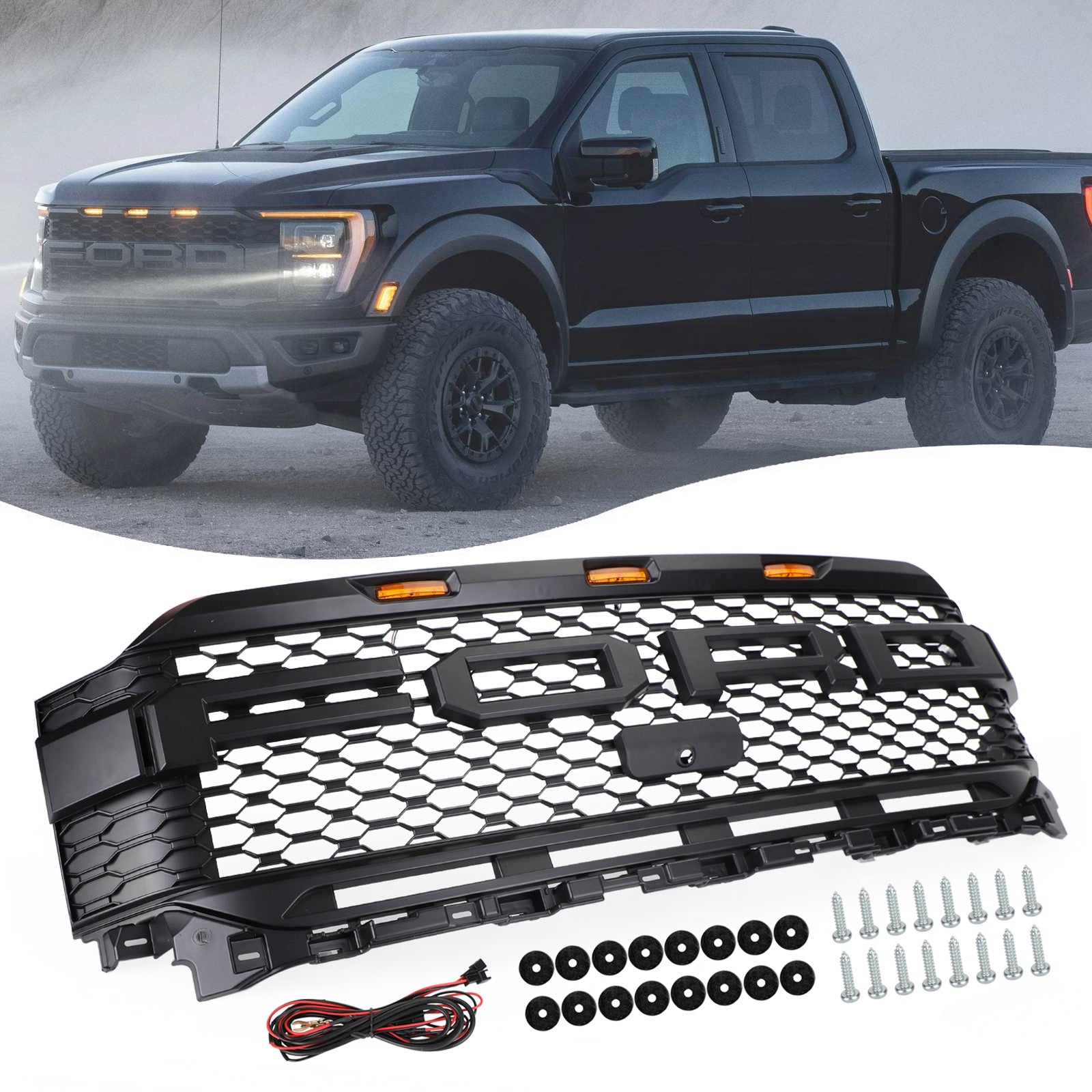 Ford F150 2021-2023 Raptor Replacement ABS Front Bumper Grille Grill W/ LED