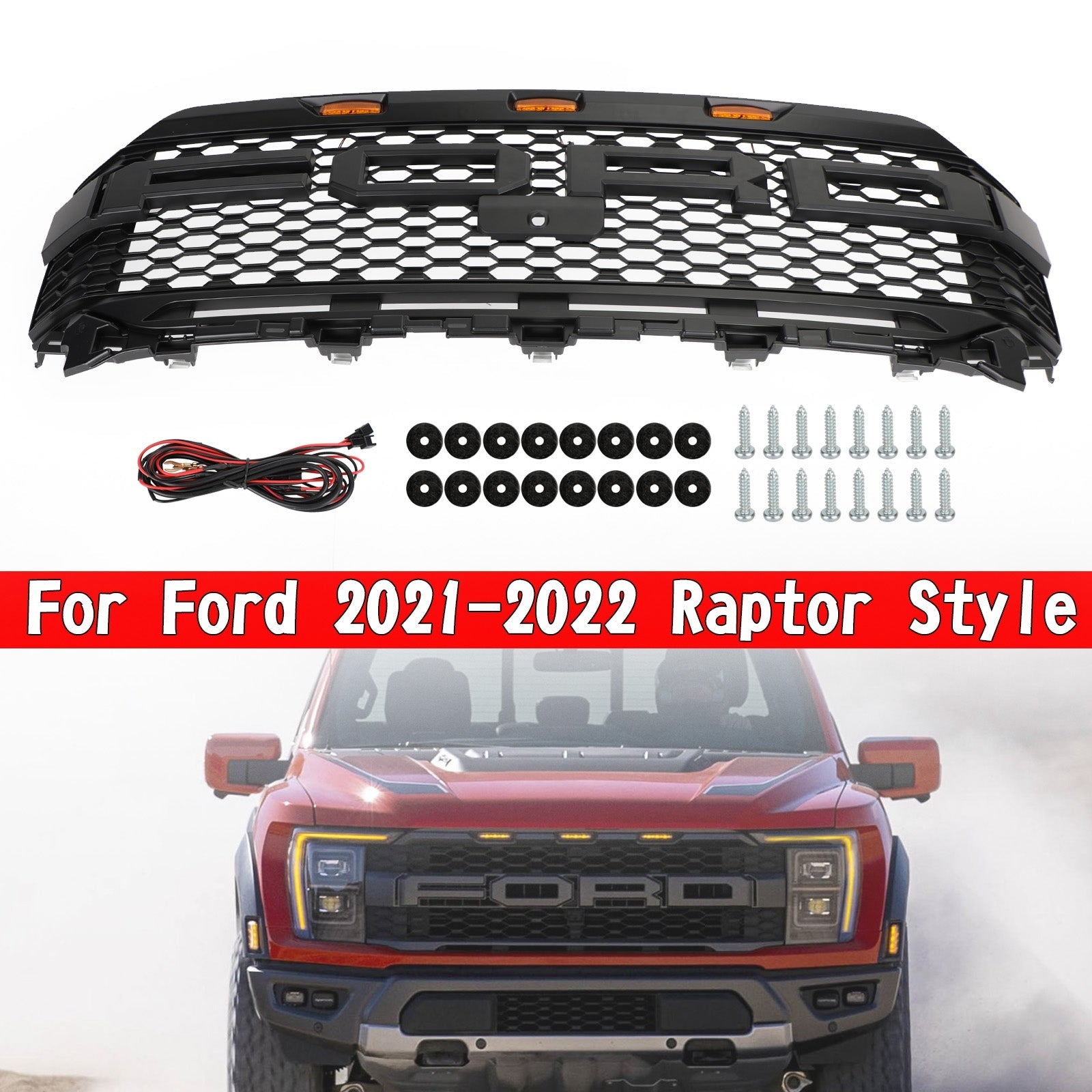 Ford F150 2021-2023 Raptor Replacement ABS Front Bumper Grille Grill W/ LED