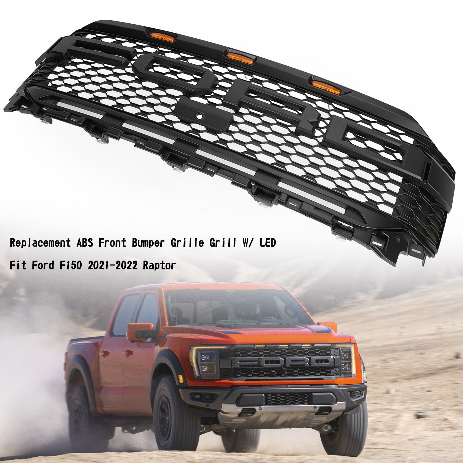 Ford F150 2021-2023 Raptor Replacement ABS Front Bumper Grille Grill W/ LED