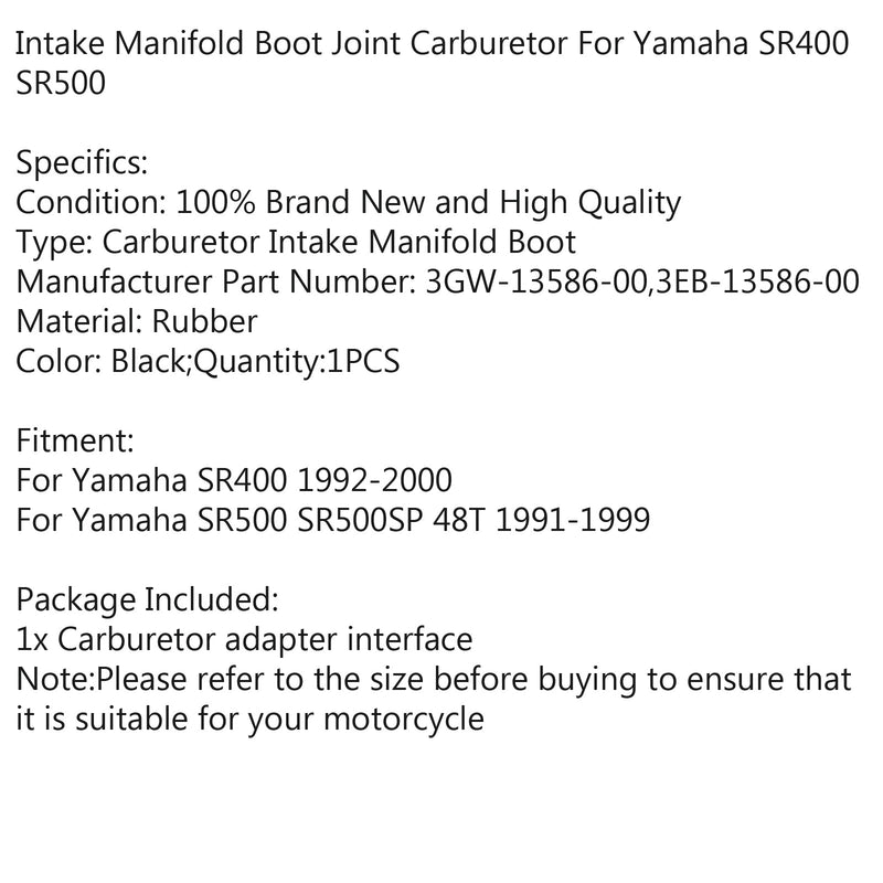 Juego de botas de colector de admisión de carburador para Yamaha SR400 1992-2000 SR500 91-99 genérico