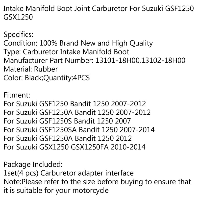 Juego de botas de colector de admisión de carburador para Suzuki GSF1250 Bandit 2007-2012 genérico