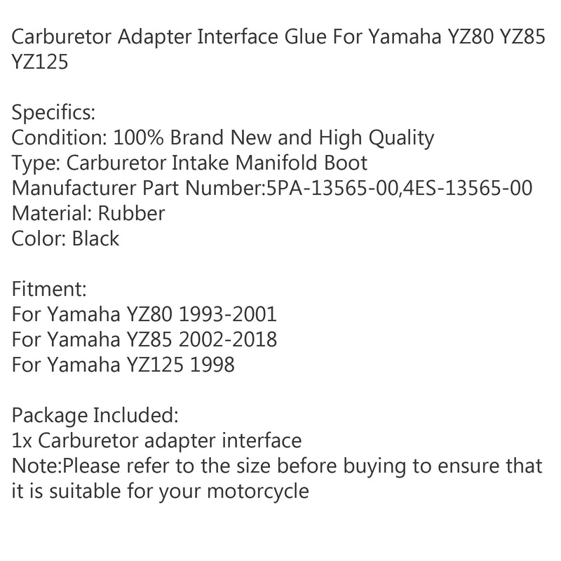 Carburetor Intake Manifold Boots set For Yamaha YZ80 93-01 YZ85 02-18 YZ125 Generic