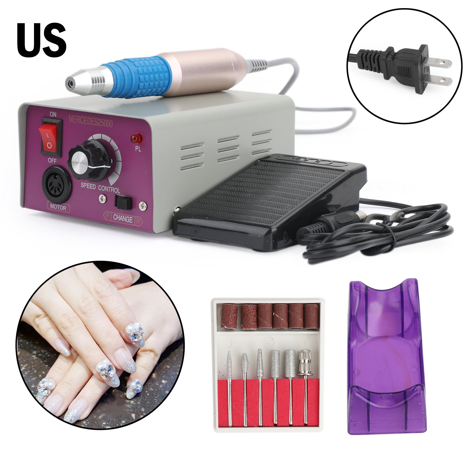 25000RPM Pro Manicure Tool Pedicure Electric Drill File Nail Art Machine Set US/AU