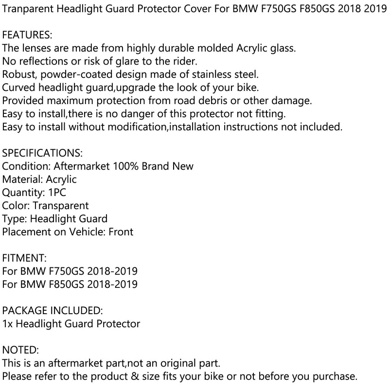 غطاء حماية شفاف للمصابيح الأمامية لسيارة BMW F750GS F850GS 2018 2019 Generic
