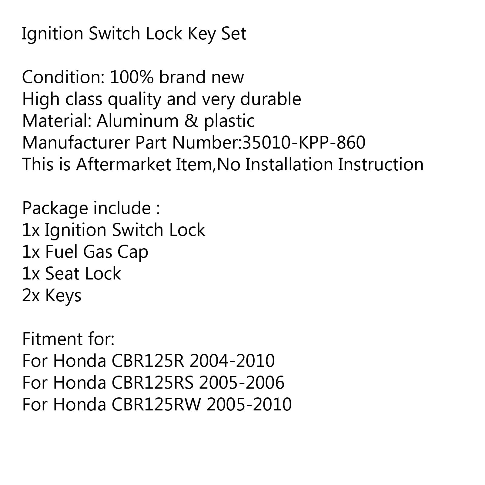 Ignition Switch Fuel Gas Cap Seat Lock Key Set For Honda CBR125R 4-1 CBR125RS