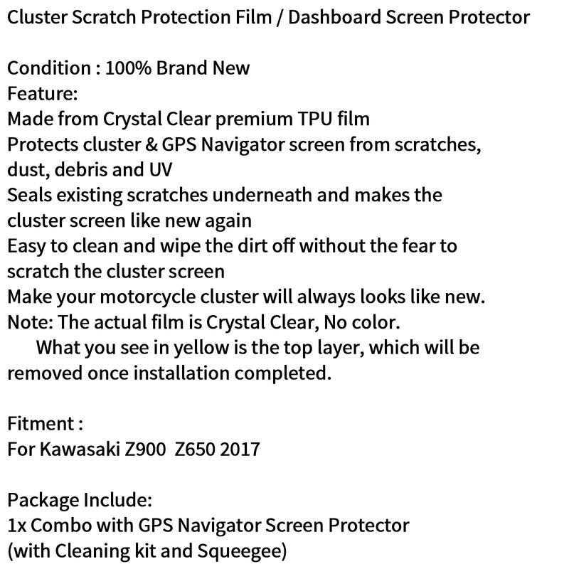 Película de protección contra rayaduras de clúster/protector de pantalla para Kawasaki Z900 y Z650 2017 genérico