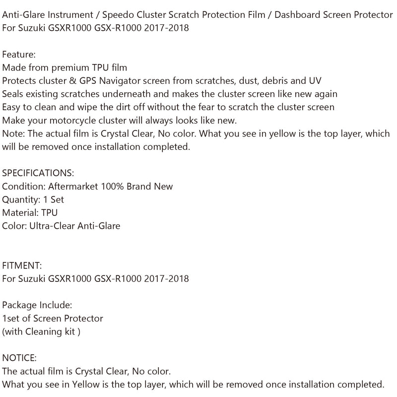 Protector de pantalla de salpicadero de arañazos de clúster para Suzuki GSXR1000 GSX-R1000 2017-18 genérico