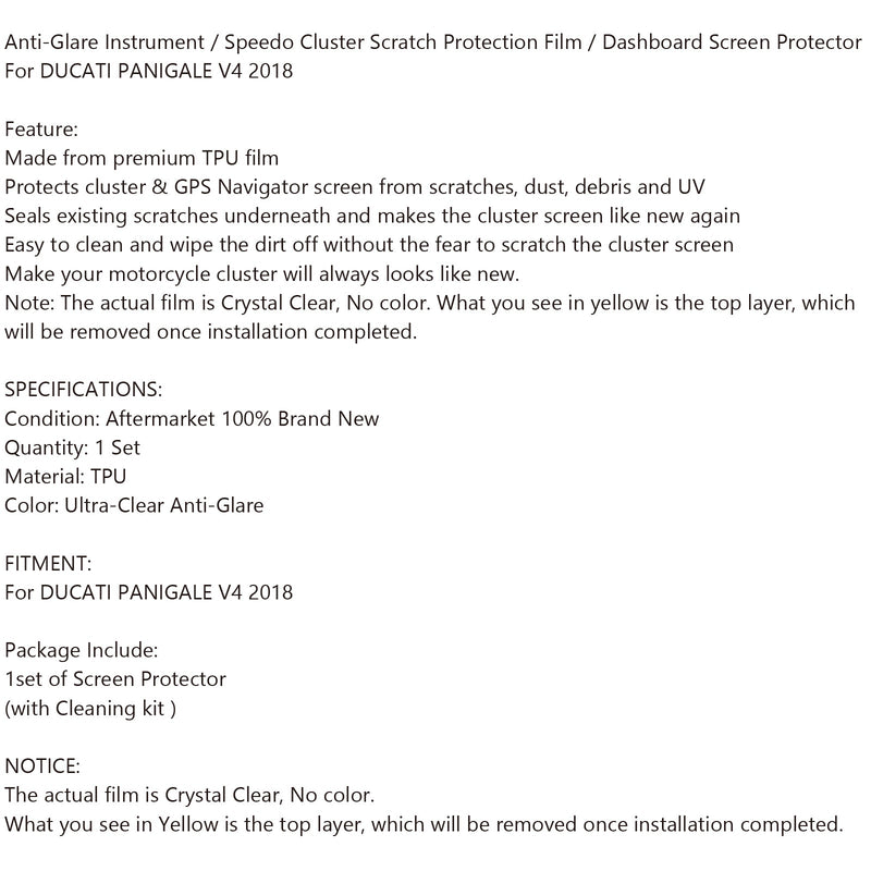 Anti-Glare Ultra Clear Dashboard Screen Protectors For DUCATI PANIGALE V4 2018 Generic