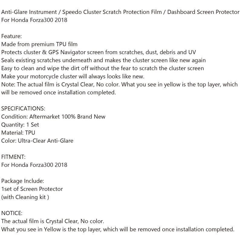 Moto Anti-Glare Ultra Clear Dashboard Screen Protectors For Honda Forza300 2018 Generic