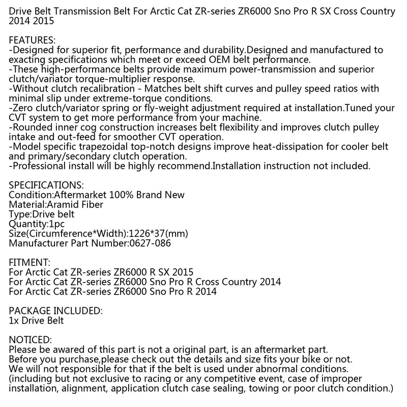 Drive Belt For Arctic Cat ZR-series 0627-086 Snowmobile ZR6000 Sno Pro R 14-15 Generic