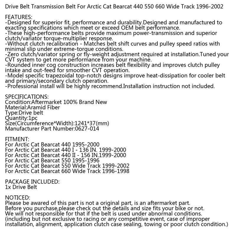 Correa de transmisión para Arctic Cat 0627-014 Snowmobile Bearcat 440 550 660 Wide Track Genérico