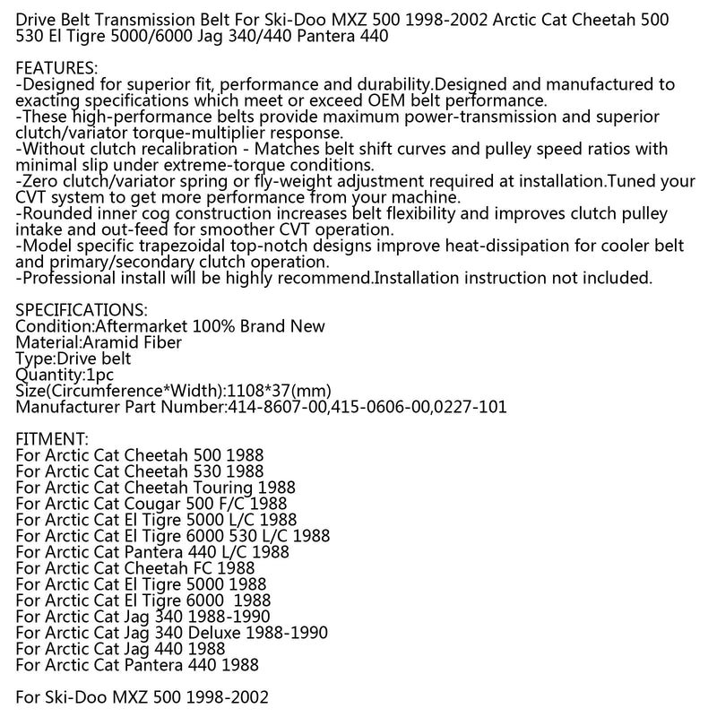 Correa de transmisión para Arctic Cat 0227-101 Cheetah Cougar Jag Ski Doo Formula LT/SLS/STX Generic