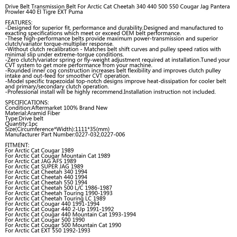 Correa de transmisión para Arctic Cat 0227-032 0227-006 Cougar Cheetah JAG EXT Prowler Puma Generic
