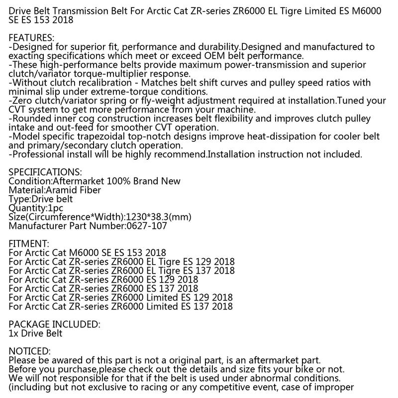 Drive Belt For Arctic Cat ZR-series 0627-107 Snowmobile ZR6000 EL Limited ES 18 Generic