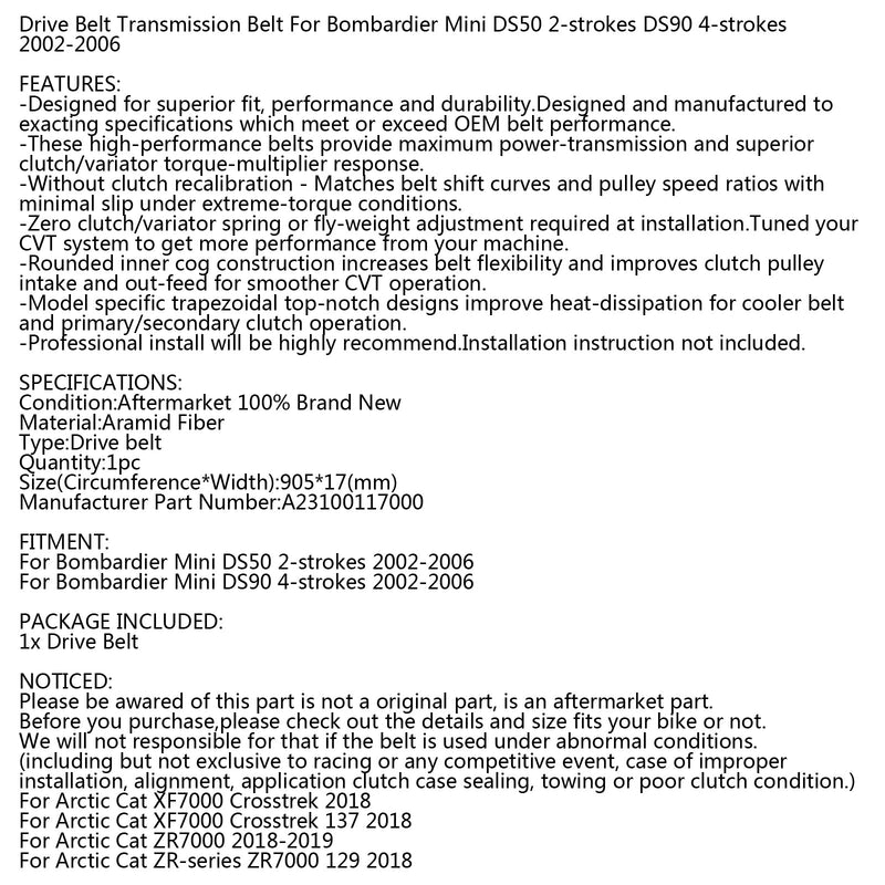 Correa de transmisión para Bombardier Mini DS50 2 tiempos DS90 4 tiempos 02-06 A23100117000 Genérico