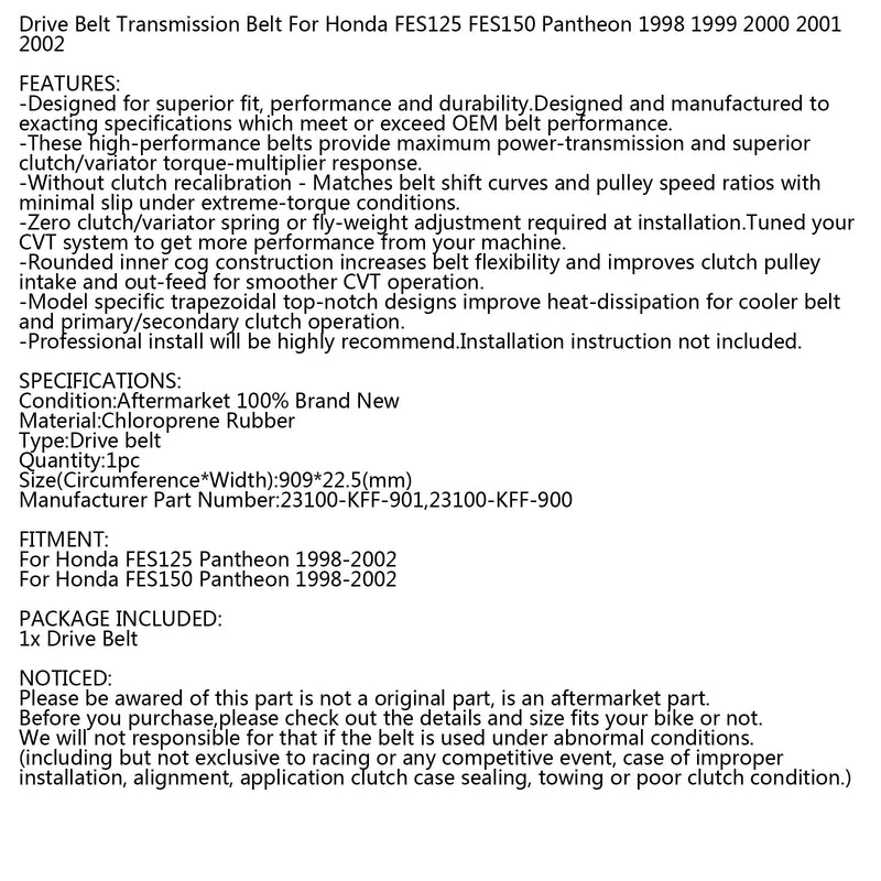 Correa de transmisión para Honda FES 125 150 Pantheon 1998-2002 Scooter 23100-KFF-901 Genérico
