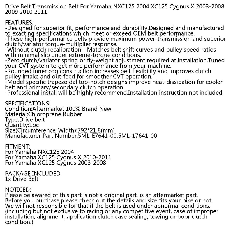 Drive Belt For Yamaha NXC125 XC125 Cygnus X 2003-2011 Scooter 5ML-17641-00 Generic