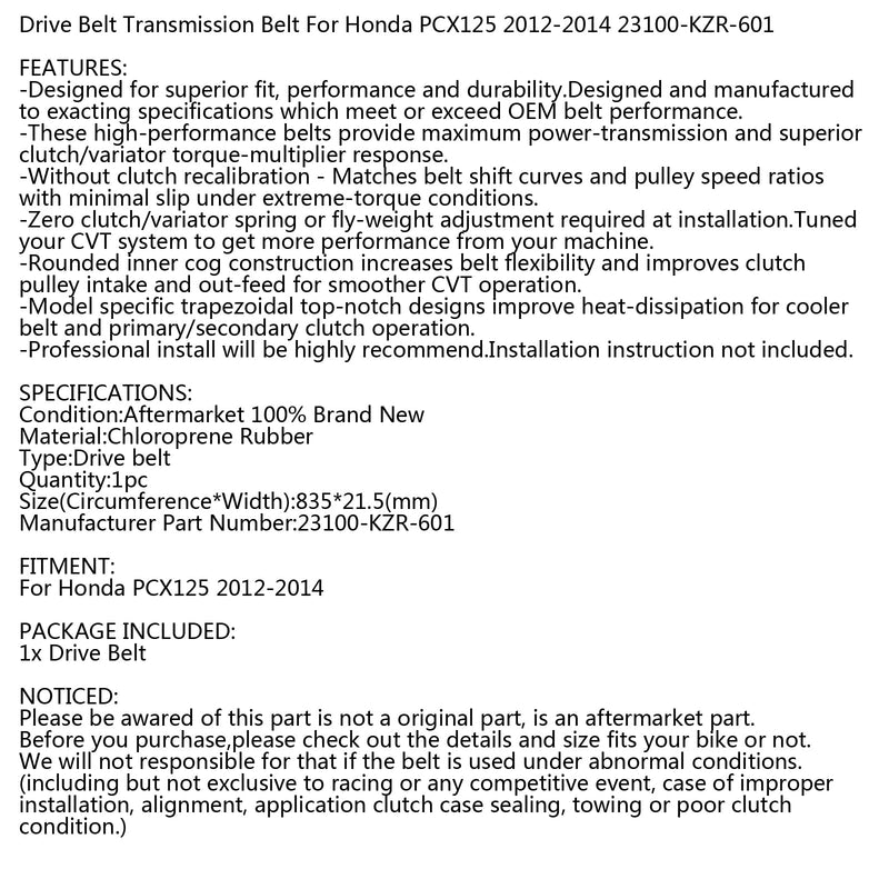 حزام القيادة لهوندا PCX125 رباعي الأشواط 125cc 2012-2014 سكوتر 23100-KZR-601 عام