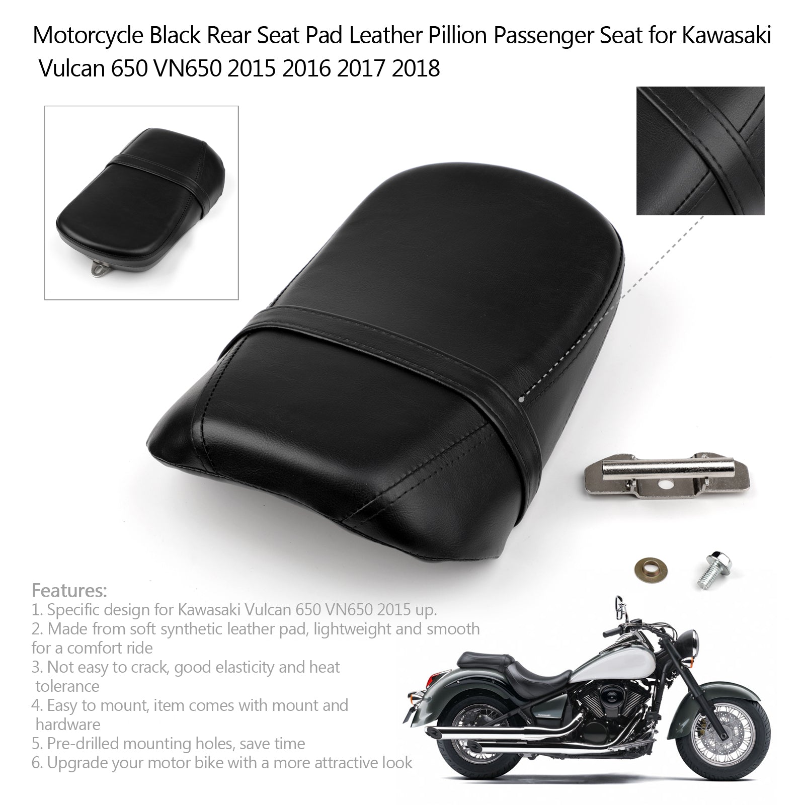 Asiento trasero para pasajero de motocicleta para Kawasaki Vulcan 650 VN650 de 2015 en adelante, genérico