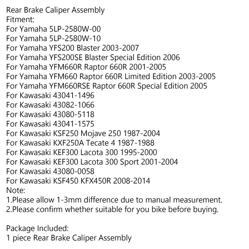 Conjunto de pinza de freno trasero para Yamaha YFS 200 YFM 660 Kawasaki KSF 250 450 genérico