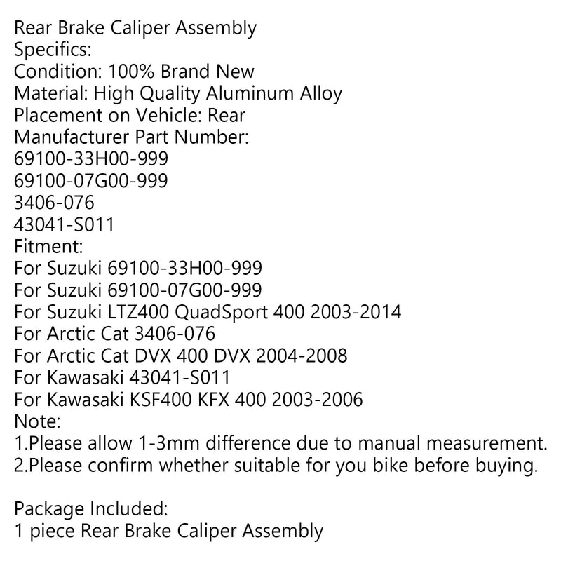 Rear Brake Caliper Assembly 69100-33H00-999 For Suzuki LTZ400 QuadSport 400 Generic